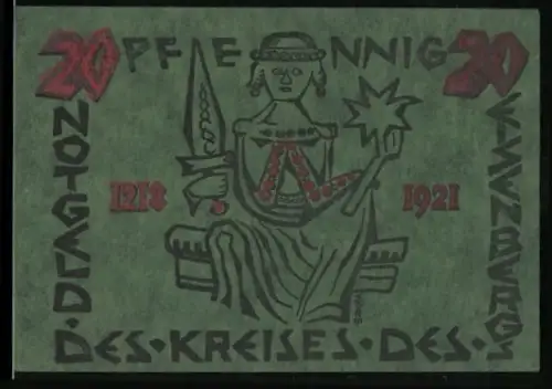 Notgeld Corbach 1921, 20 Pfennig, sitzende Figur mit Schwert und Stern, Turm und Strahlen