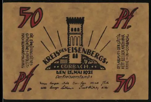 Notgeld Corbach 1921, 50 Pf, Turm und historische Figur mit Schwert und Stern