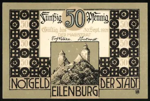 Notgeld Eilenburg 1921, 50 Pfennig, Burg und Birkenwald-Motiv