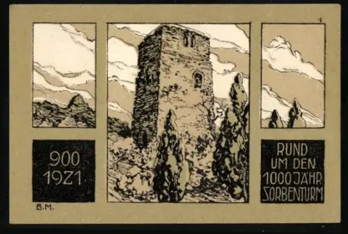 Notgeld Eilenburg 1921, 50 Pfennig, Sorbenturm und zwei Türme auf Hügel