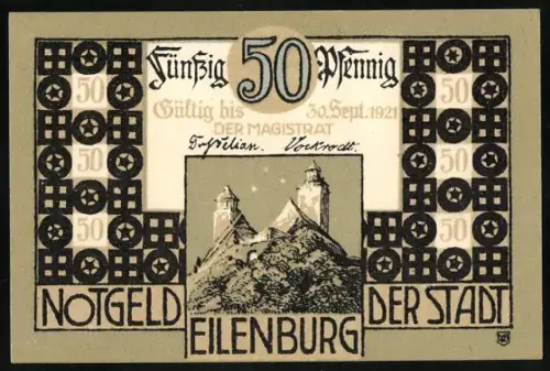 Notgeld Eilenburg 1921, 50 Pfennig, Burgenlandschaft und historische Szene von 1639