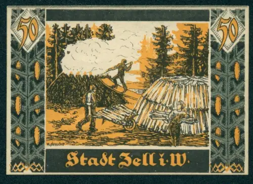 Notgeld Zell i. W. 1921, 50 Pfennig, Holzverarbeitungsszene, Stadtwappen