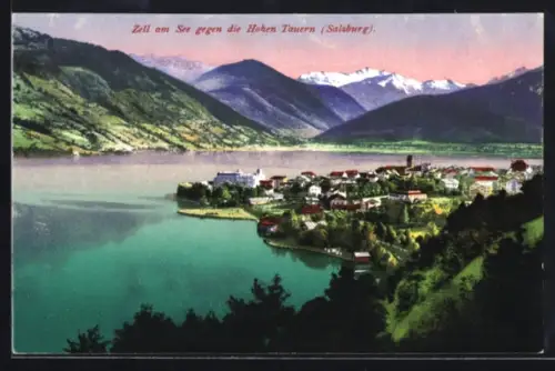 AK Zell am See, Totalansicht gegen die Hohen Tauern