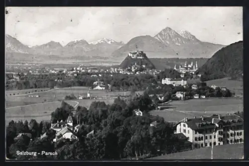 AK Salzburg, Parsch, Panoramablick über den Ort zu den Alpen