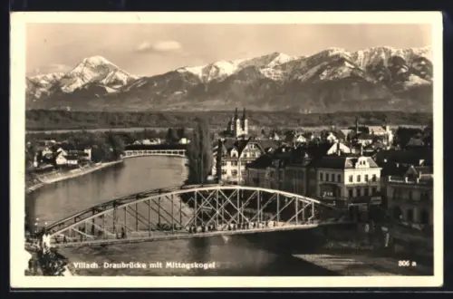 AK Villach, Draubrücke mit Mittagskogel