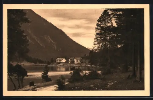 AK Plansee, Hotel Seespitze mit Seepartie