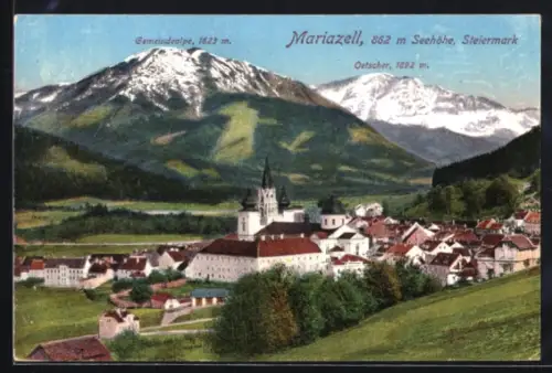 AK Mariazell, Ort vor schneebedeckter Gemeindealpe