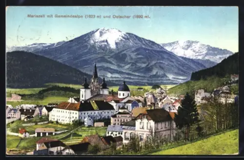 AK Mariazell, Kirche mit Gemeindealpe und Oetscher