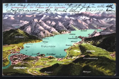 AK Gmunden /Salzkammergut, Panorama mit Traunsee und Traunkirchen