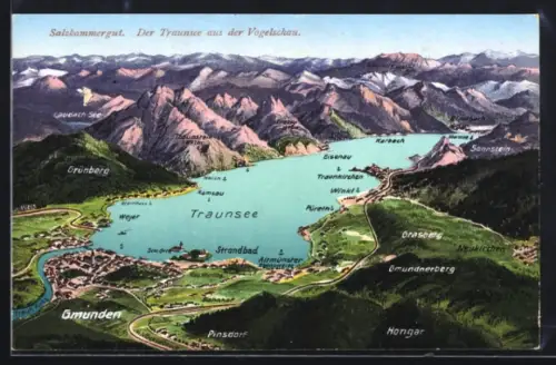 AK Gmunden /Salzkammergut, Panorama mit Traunsee und Traunkirchen