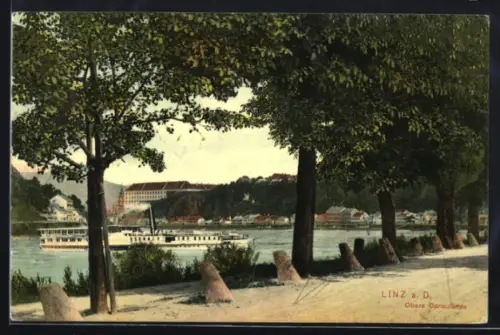 AK Linz a. D., Obere Donaulände mit Dampfer