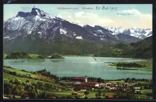 AK Mondsee, Salzkammergut, Panorama mit Schafberg