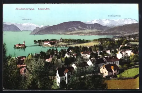 AK Gmunden /Salzkammergut, Teilansicht mit Schönberg und Höllengebirge