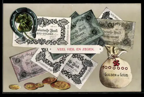 AK niederländische Geldscheine u. Geldstücke, Gulden, Geldsack, Hufeisen, Kleeblatt