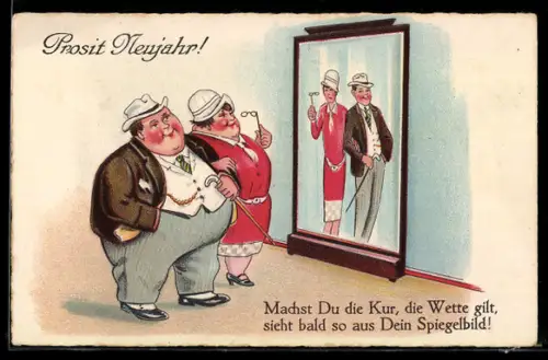 AK Dickes Ehepaar schaut sich im Spiegel an