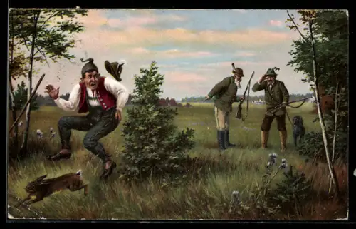 AK Jäger trift Wanderer mit einem Schuss, Jagdhumor