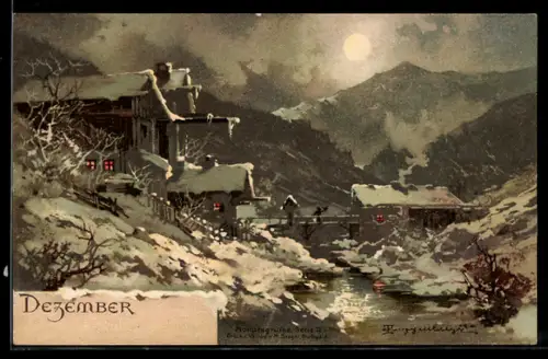 Künstler-AK T.Guggenberger: Dezember, Winterlandschaft in den Bergen mit verschneitem Ort