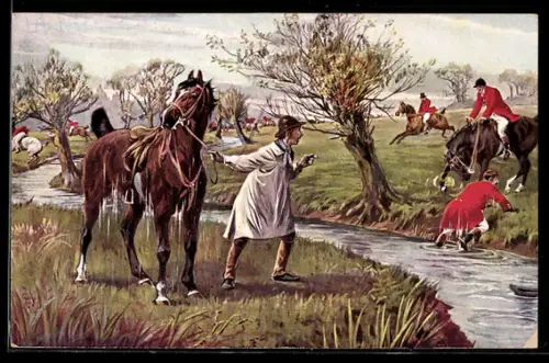 Künstler-AK M. Munk Nr. 337: Jagdgesellschaft muss einen Bachlauf überqueren
