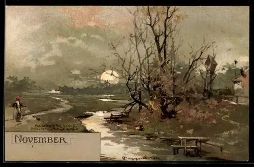 Künstler-AK T.Guggenberger: Monatsgrüsse Serie II, November, Mond, Frau zurück von der Feldarbeit
