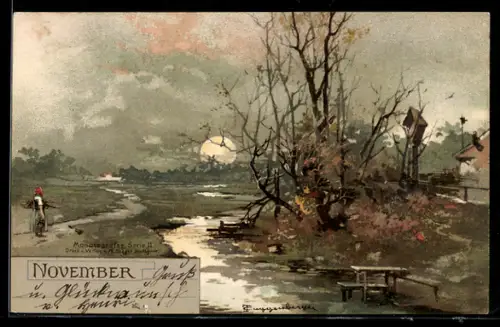 Künstler-AK T.Guggenberger: Monatsgrüsse Serie II, November, Mond, Frau zurück von der Feldarbeit