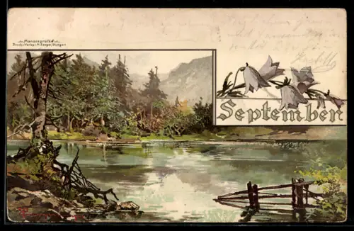 Künstler-AK T.Guggenberger: Allegorie zum September mit schönem See