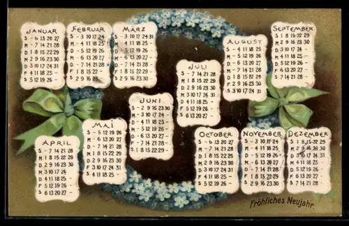 Präge-AK Kalender und Kranz aus Vergissmeinnicht mit Schleifen, Neujahrsgruss