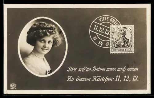 AK Datum 11.12.13, Porträt einer jungen Frau, Briefmarke
