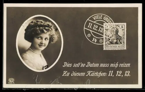 AK Datum 11.12.13, Porträt einer Frau, Briefmarke mit Poststempel