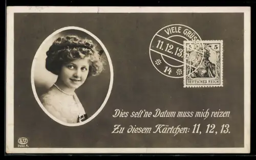 AK Bildnis einer jungen Frau, das seltene Datum 11.12.13