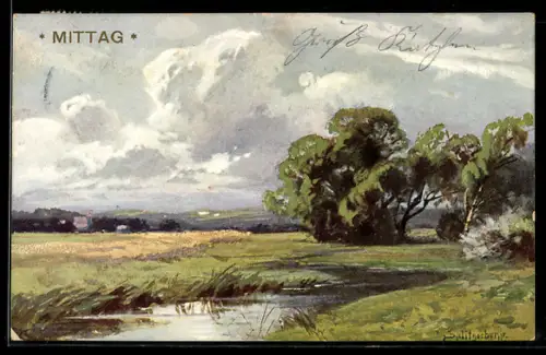 Künstler-AK August Splitgerber: Auenlandschaft unter Wolkenhimmel