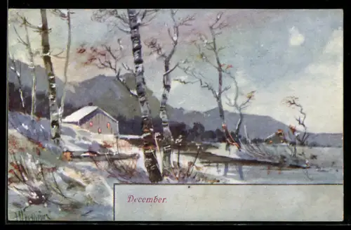 AK Allegorie zum Dezember mit einer winterlichen Landschaft