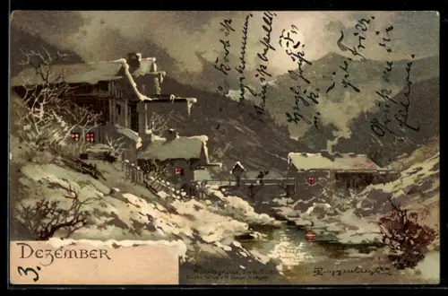 Künstler-AK T.Guggenberger: Dezember, Winterlandschaft in den Bergen mit verschneitem Ort
