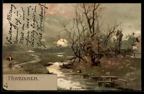 Künstler-AK T.Guggenberger: Monatsgrüsse Serie II, November, Mond, Frau zurück von der Feldarbeit