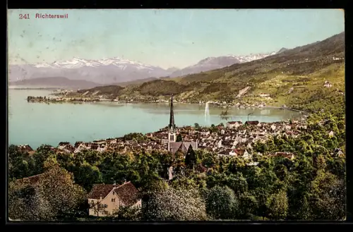 AK Richterswil, Totalansicht auf Ort mit Kirche, See und Gebirge