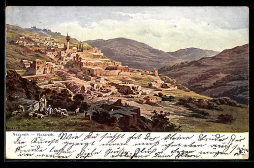 Künstler-AK F.Perlberg: Nazareth, Totalansicht mit Schafhirte