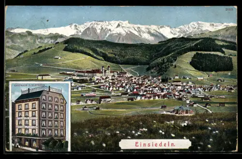 Künstler-AK Einsiedeln, Gasthaus zum Elephant, Gesamtansicht mit Gebirgskette