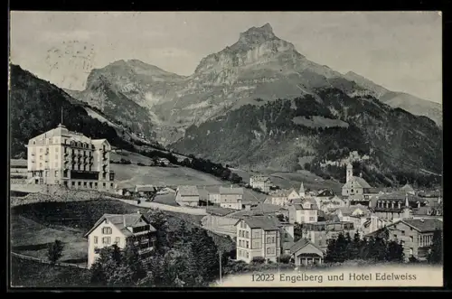 AK Engelberg, Ortsansicht mit Hotel Edelweiss, Gebirge