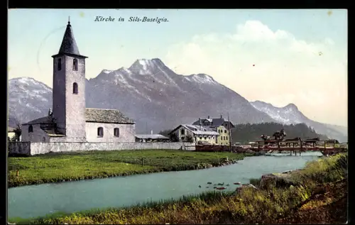 AK Sils im Engadin, Sils-Baselgia, Flusspartie mit Kirche