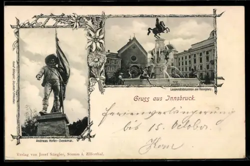 AK Innsbruck, Leopoldsbrunnen am Rennplatz, Andreas Hofer-Denkmal