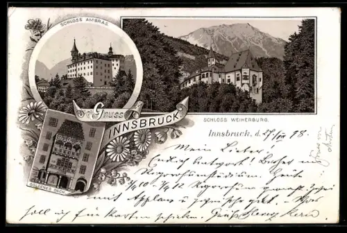 Lithographie Innsbruck, das Schloss Ambras, das Schloss Weiherburg