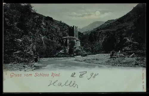 Mondschein-AK Sill bei Bozen, Blick zum Schloss Ried