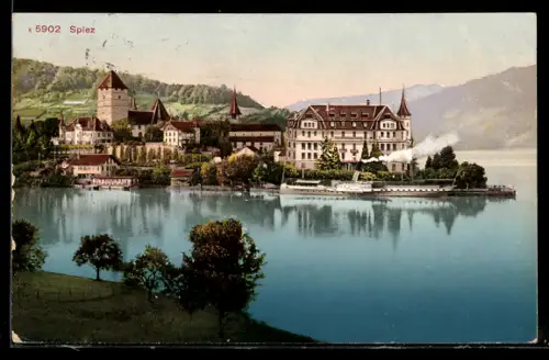 AK Spiez, Uferpartie mit Dampfer