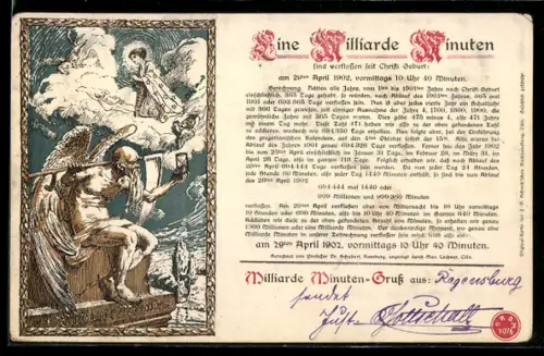 AK Eine Milliarde Minuten sind verflossen seit Christi Geburt, Alter Engel mit Sense, Maria mit Jesuskind auf der Wolke