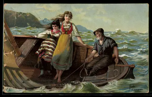Künstler-AK Robert Kämmerer: Seemann fährt zwei Mädchen übers Meer