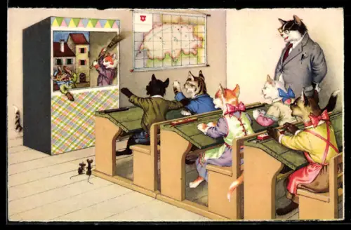 AK Katzen auf Schulbänken sehen ein Puppentheater