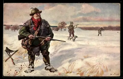 Künstler-AK Jäger mit Gewehr im Winter
