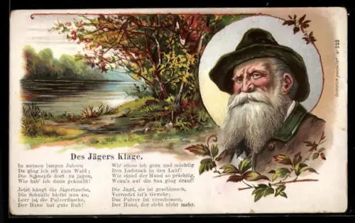 AK Gedicht Des Jägers Klage, Alter Jäger mit Bart