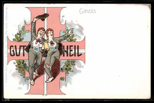 AK Gut Heil, zwei Turner in Uniform mit Bierkrug in der Hand