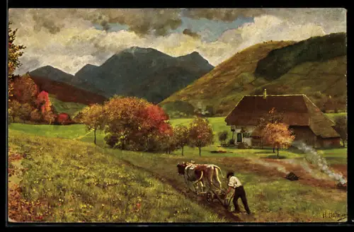 Künstler-AK H. Hoffmann: Untermünstertal mit dem Belchen, Bauer mit Ochsenpflug