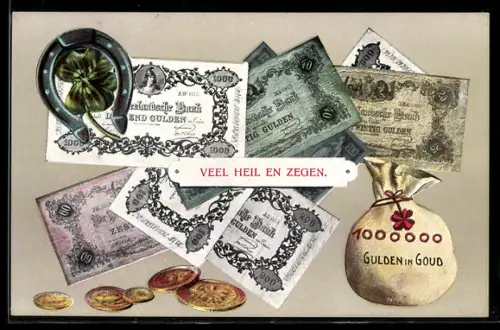 AK niederländische Geldscheine u. Geldstücke, Gulden, Geldsack, Hufeisen, Kleeblatt